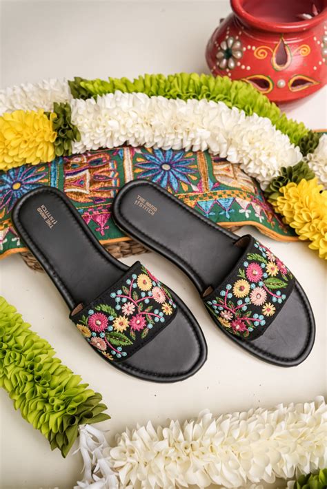Black Floral Embroidered Women’s Flats – The Hand Stitch