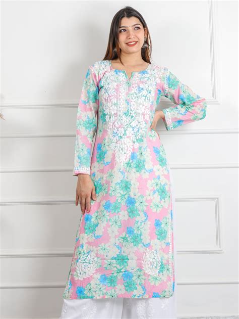Shalini Baby Pink Floral Printed Chikankari Cotton Kurti – Desisandook ...