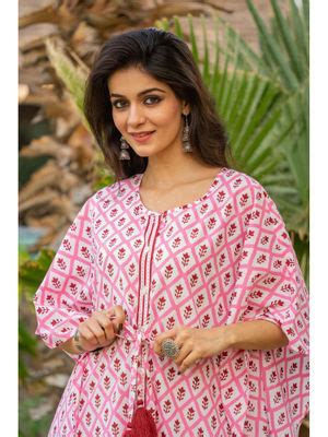 Buy NAVYAS FASHION Pink Floral Hand Block Printed Cotton Kaftan Dress ...