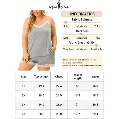 Women Plus Size Pajamas Set Cami Lace Panel Shorts Sleepwear Loungewear