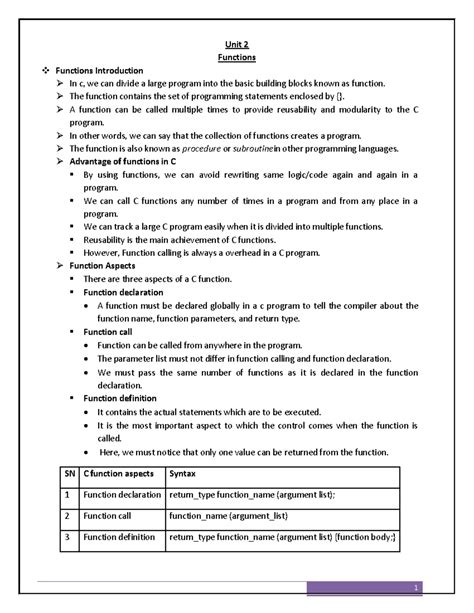 UNIT 2 - C Functions Study Notes for Programming Basics - Studocu