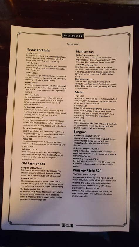 Menu at Butcher's Union pub & bar, Grand Rapids, 438 Bridge St NW