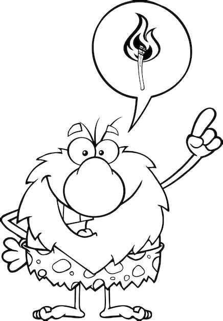 Schwarz-Weiß-Höhlenbewohner-Cartoon-Figur mit einer großen Idee und ...