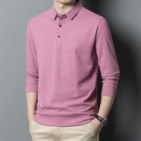 Plaid Placket Long Sleeve Polo Shirt // Pink (M) - Celino Long Sleeve ...