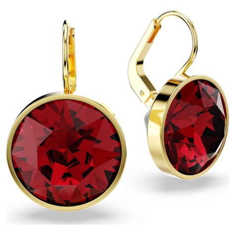 Bella drop earrings, Round cut, Red, Gold-tone plated | Swarovski