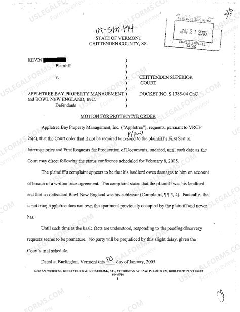 Vermont Motion for Protective Order to be Free from Responding to ...