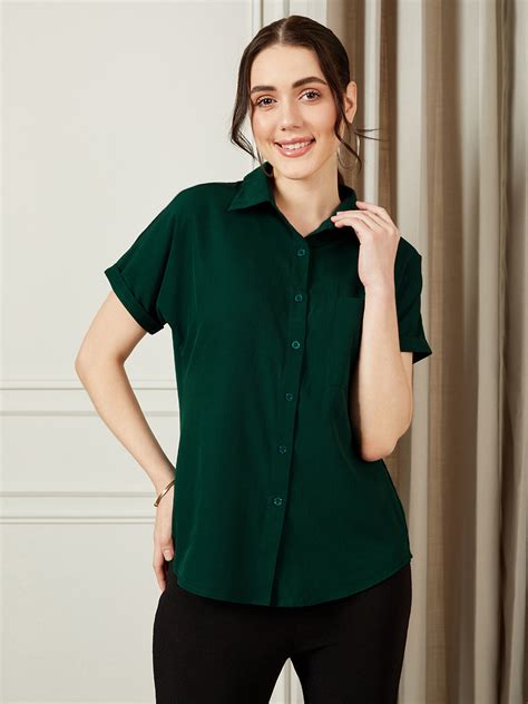Women Solid Green Spread Collar Neck Front Button Curved Hem Regular ...