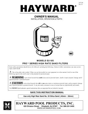 Fillable Online Hayward Pro Series High-Rate Sand Filters - Model S310S ...
