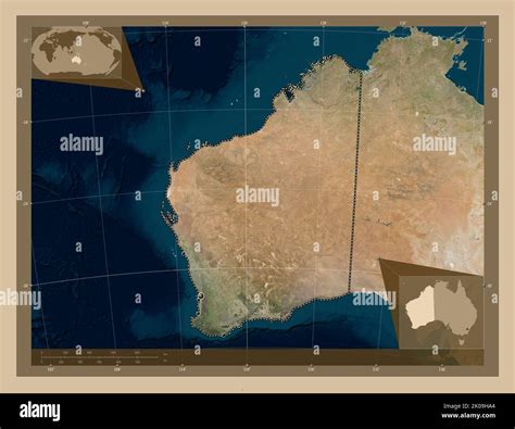 Western Australia, state of Australia. Low resolution satellite map. Locations of major cities ...