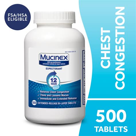Mucinex 12 Hr Chest Congestion Expectorant, Tablets, 500ct - Hey Pharma