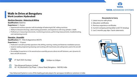 Tata Advanced Systems to host Walk-In recruitment drive in Bengaluru on ...