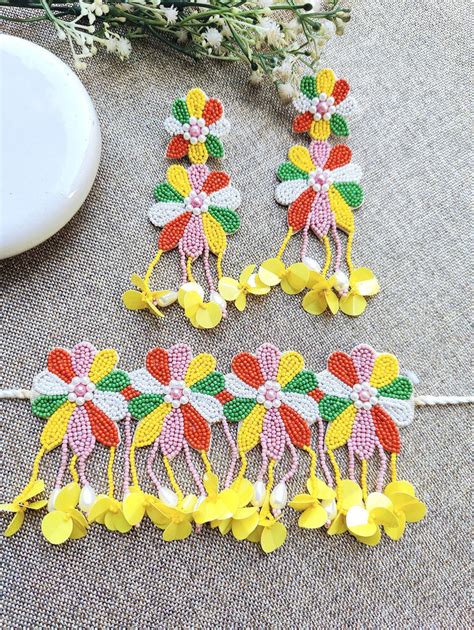 Multicolored Handmade Flower Floral Beaded Jewellery Set for Haldi-Mehndi