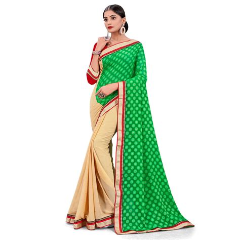 Glorious Green Beige Colored Party Wear Georgette Half-Half Saree