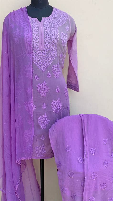 Lucknowi Chikankari Ombre Co-ord Set Purple Pure Georgette With Self 3 ...