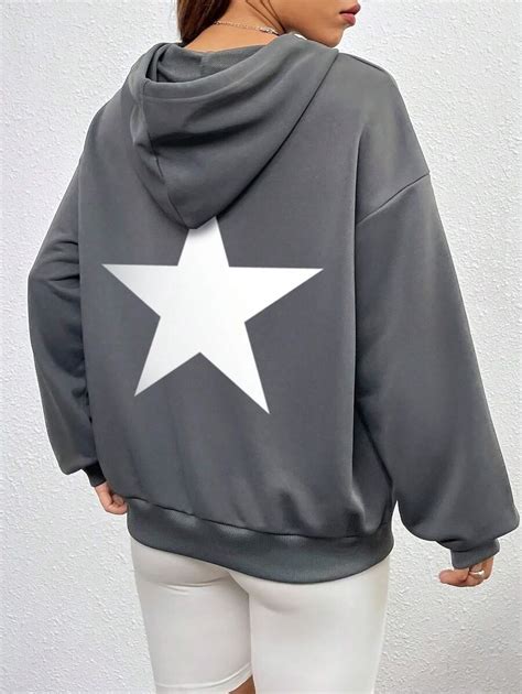 SHEIN EZwear Star Print Drop Shoulder Drawstring Hoodie | SHEIN USA