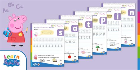 Peppa Pig: s, a, t, p, i, n, m, d Letter Formation Worksheet