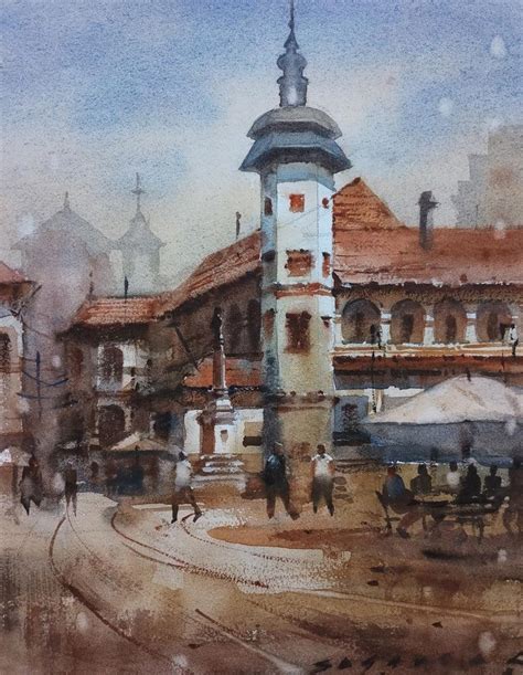"Cityscape 7": Light Brown Watercolor Painting by Siddharth Gavade ...