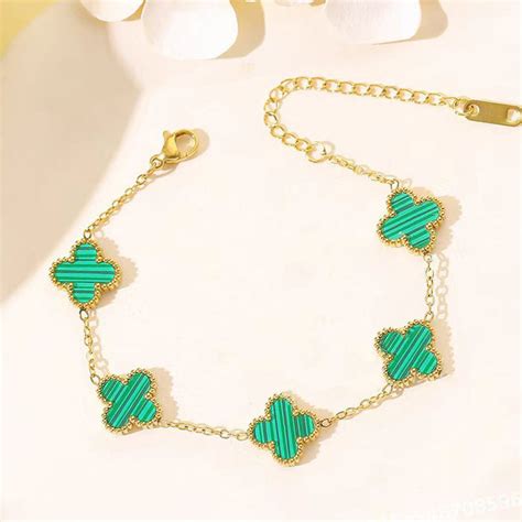 Buy Stainless Steel Gold Plated Green Anti Tarnish Clover Bracelet For ...