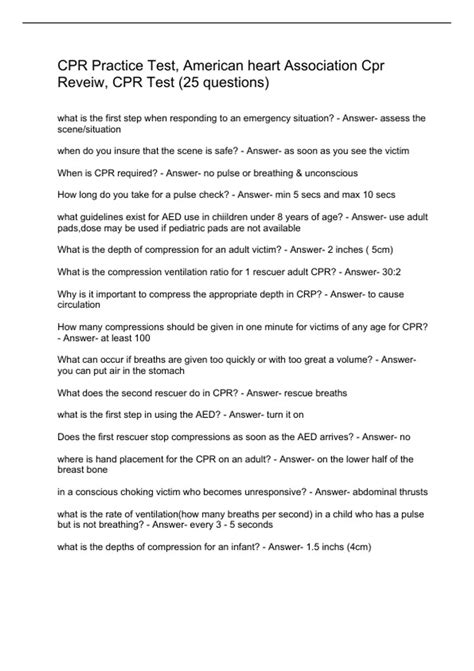 CPR Practice Test, American heart Association Cpr Reveiw, CPR Test (25 ...