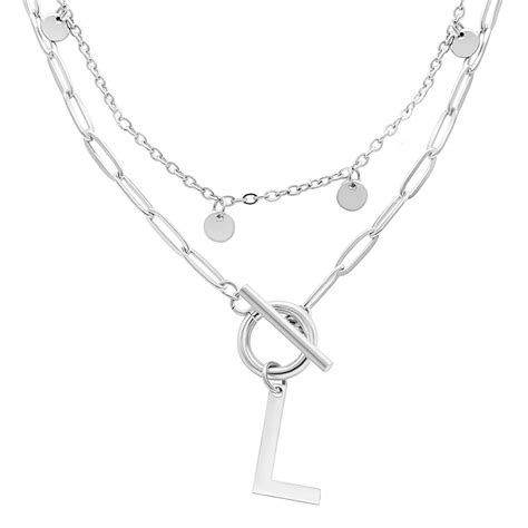 Adornia Silver Tone Confetti & Paperclip Layered Initial Toggle Necklace