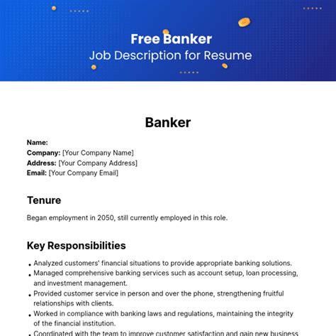 Free Banker Job Description for Resume Template to Edit Online