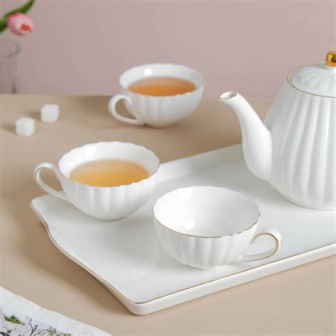 White Truffle Ribbed 1 Litre Teapot With Set of 4 Cups 150 ml Online ...