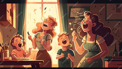 A cartoon illustration of a family laughing and laughing | Premium AI ...