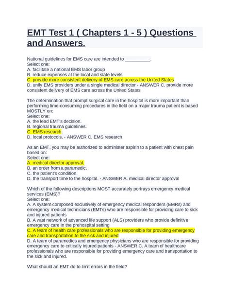 EMT Test 1 ( Chapters 1 - 5 ) Questions and Answers. | Exams Nursing ...