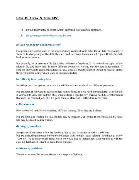 DBMS Important Questions - DBMS IMPORTATN QUESTIONS: List the ...