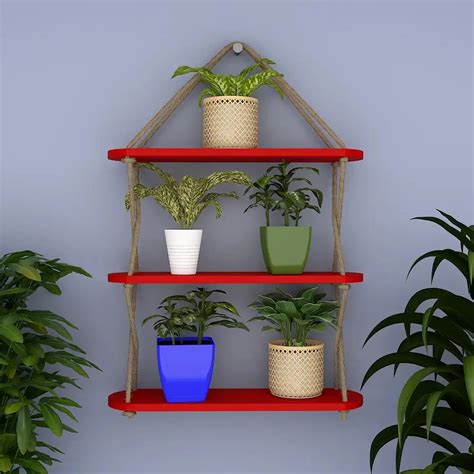 Wooden Wall Hanging Planter Shelf, Cross Rope with Three Layer (Red Co ...