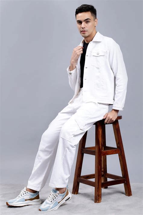 Regular Fit White Denim Cargo & Jacket Co-ord Set for Men - Peplos ...