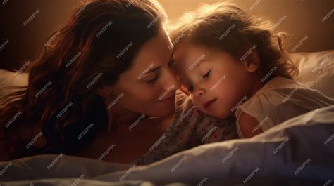 Mother and daughter cuddling on a bed in a kids room