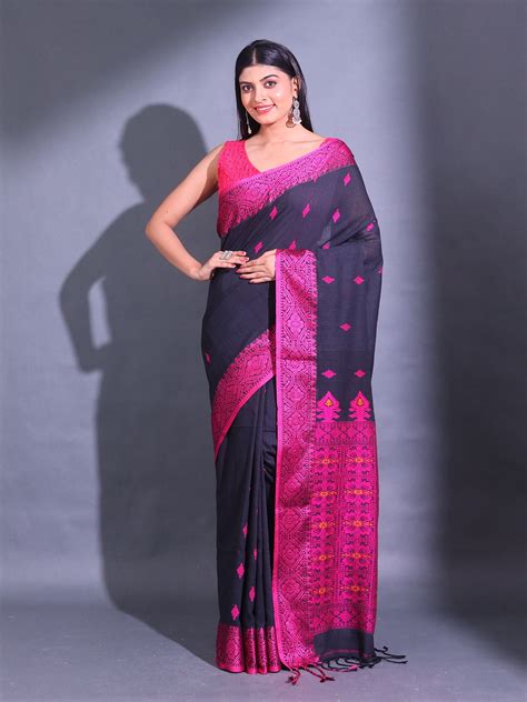 Black Cotton Handwoven Saree With Nakshi Patterns – Charukriti