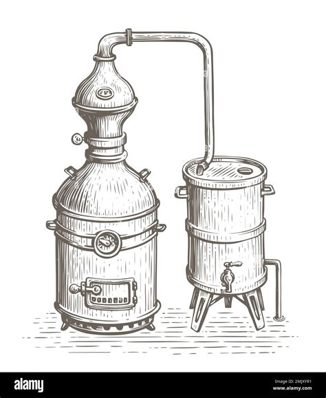Alcohol ethanol production, distillery. Vintage distillation apparatus ...