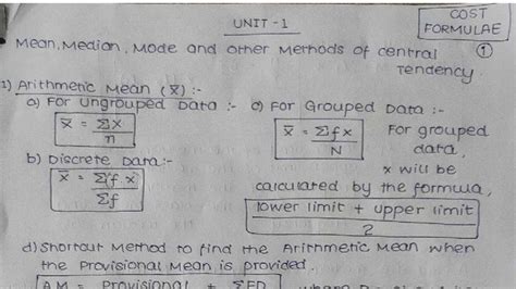 COST UNIT 1 FORMULAE: Mean, Median, Mode & Central Tendency Methods ...