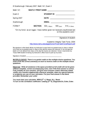 Fillable Online math tamu Scarborough's Spring 2007 Math 141 Exam 2 ...