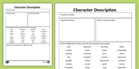 Character Description Worksheet for 6th-8th Grade