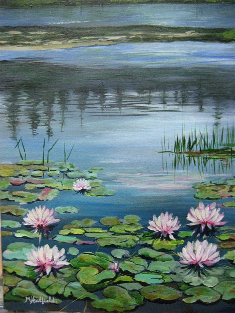 Pink Water Lilies in acrylic by M. Hatfield | Lotus painting, Water lilies painting, Pond painting