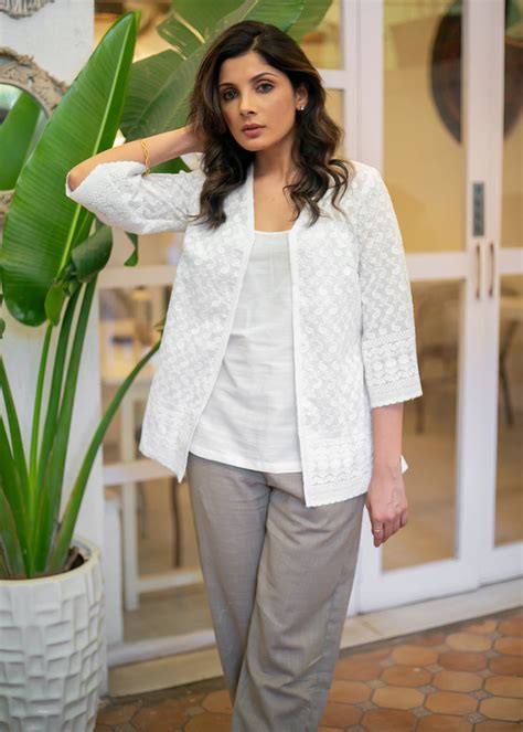 Classy White Cotton Embroidered Jacket with White Inner – Sujatra