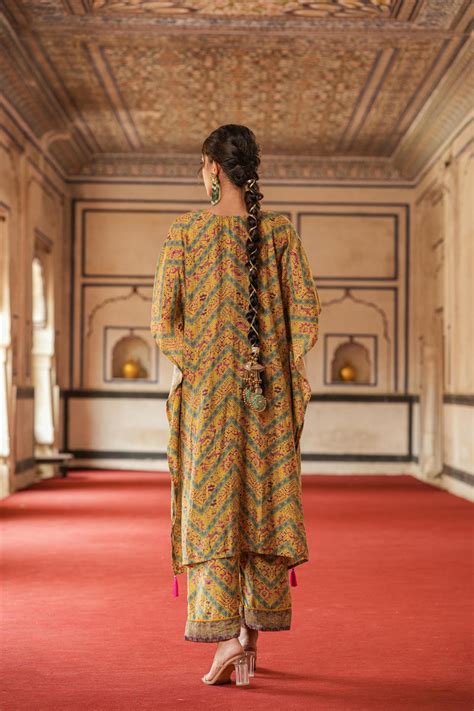 Shop Mustard-Green Rayon Printed Kaftan Set- Elegant Ethnic Wear ...