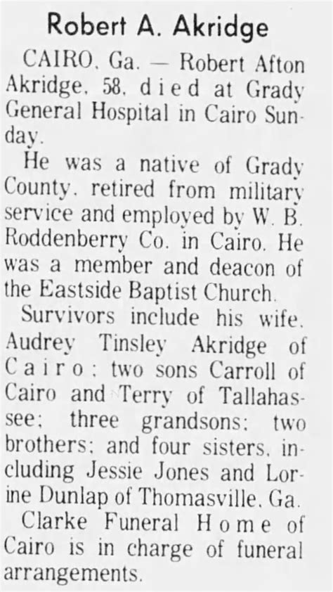 Obituary for Robert Afton Akridge (Aged 58) - Newspapers.com™