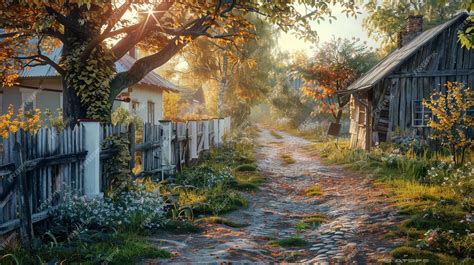Premium Photo | Rural Landscape Painting Village Serenity Countryside Pathway