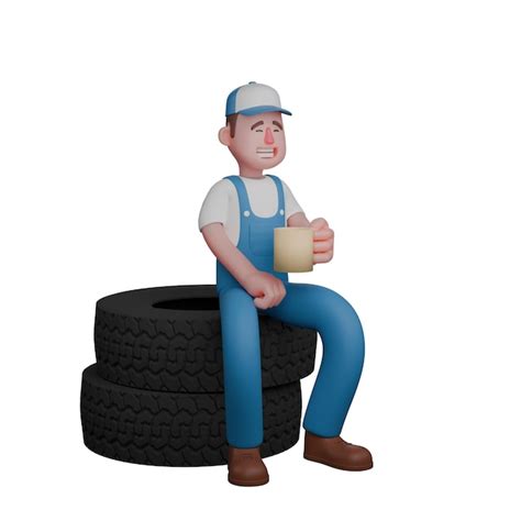 A mechanic sits relaxed on a pile of wheels with his left hand holding ...