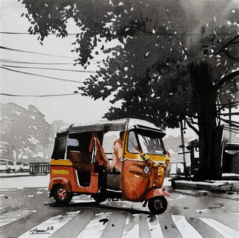 "Auto Rickshaw": Yellow Acrylic Painting by Arpan Bhowmik – ArtZolo.com