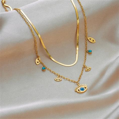 Evil Eye Layered Snake Chain Necklace - 18K Gold Plated – PEACHY ...