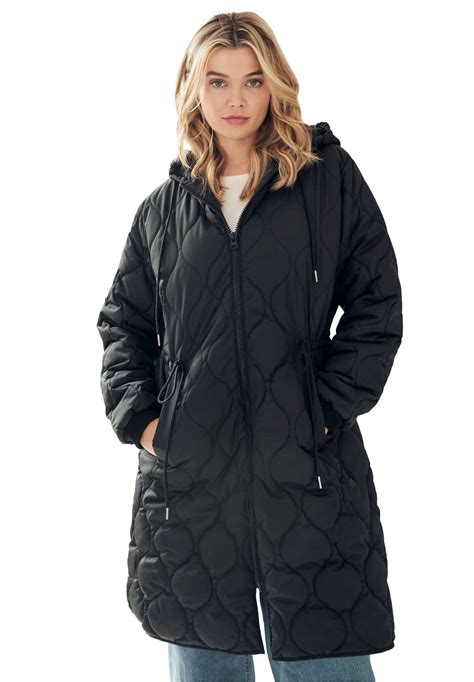 Ellos Women's Long Quilted Jacket With Drawstring Waist - Walmart.com