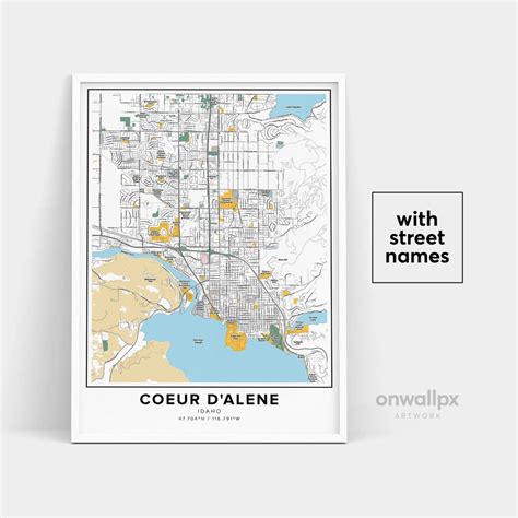 Coeur D'alene Map Print, Street Names Coeur D'alene Print, Map of Coeur ...