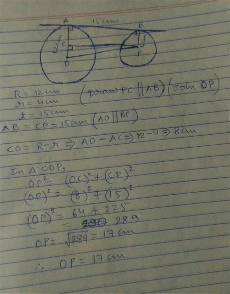 length of the direct common tangent to two circles of radii 12 cm and 4 ...