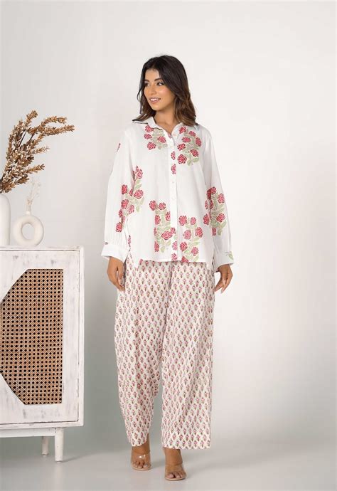 Red Rose Hand Block Printed floral Co-ord Set (2pc)