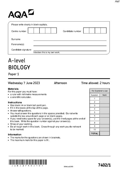 June 2023 QP unlocked - bio aqa paper for bio 1 - jun237402101 IB/M ...